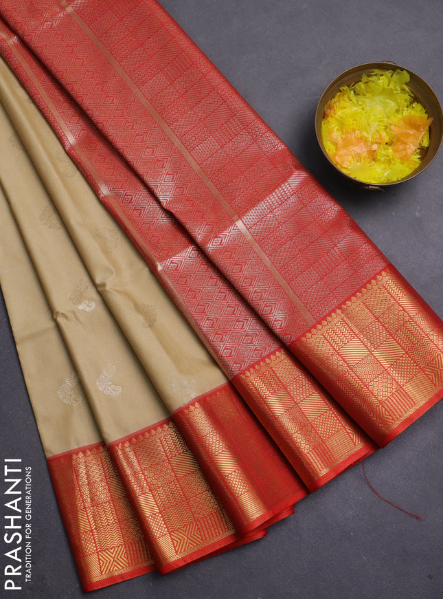 Semi soft silk saree sandal and orange with annam zari woven buttas and zari woven border