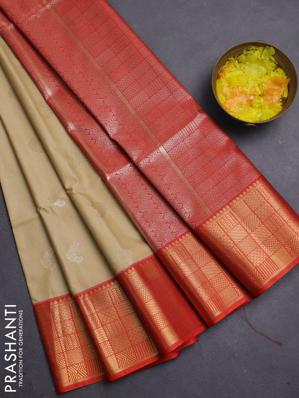Semi soft silk saree sandal and orange with annam zari woven buttas and zari woven border