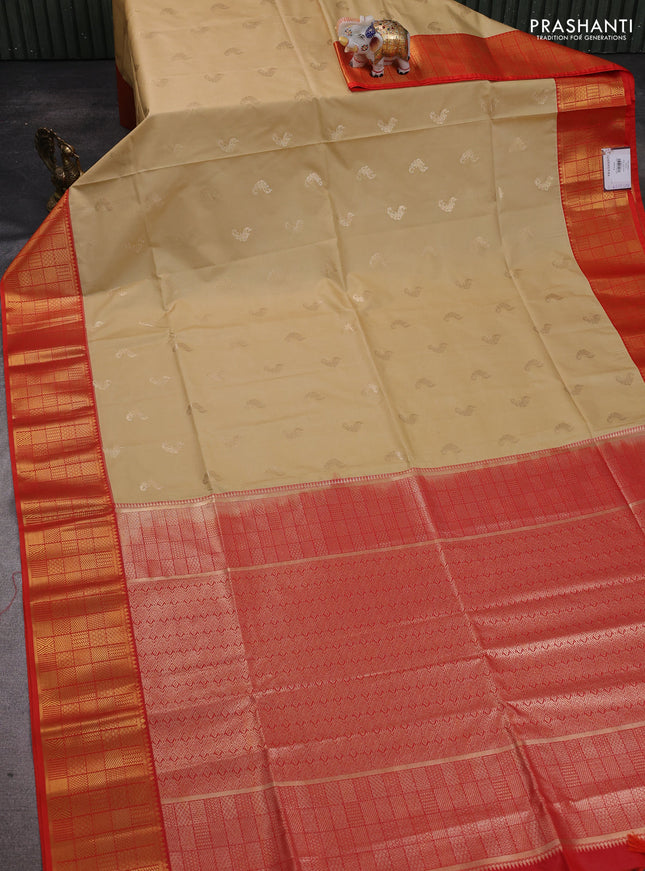 Semi soft silk saree sandal and orange with annam zari woven buttas and zari woven border