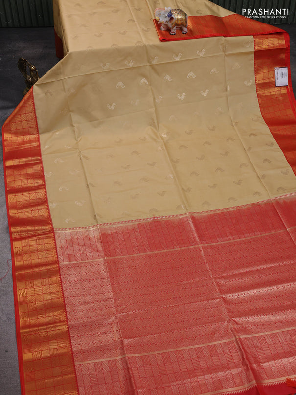 Semi soft silk saree sandal and orange with annam zari woven buttas and zari woven border