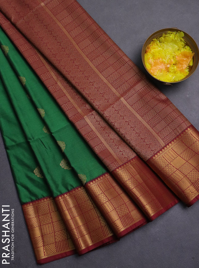 Semi soft silk saree green and deep maroon with annam zari woven buttas and zari woven border