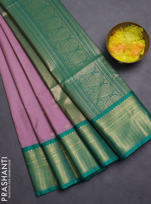 Semi soft silk saree mauve pink and green with zari woven buttas and zari woven korvai border