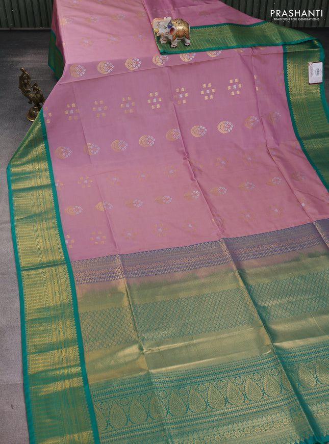Semi soft silk saree mauve pink and green with zari woven buttas and zari woven korvai border