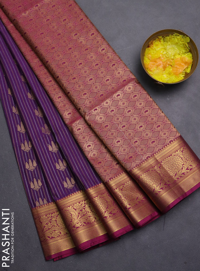 Semi soft silk saree violet and pink with allover zari weaves & buttas and zari woven korvai border