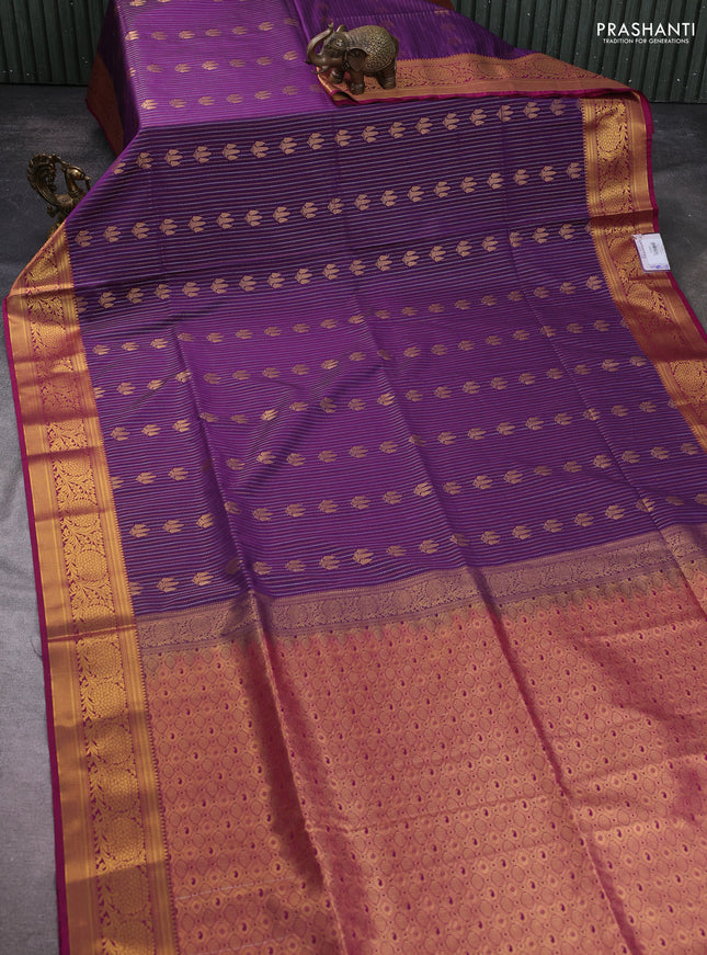 Semi soft silk saree violet and pink with allover zari weaves & buttas and zari woven korvai border