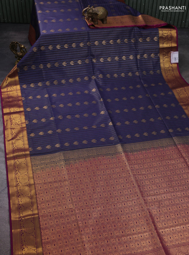 Semi soft silk saree navy blue and dark magenta pink with allover zari weaves & buttas and zari woven korvai border
