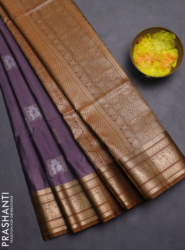 Semi soft silk saree pastel purple and dark mustard with zari woven buttas and zari woven border