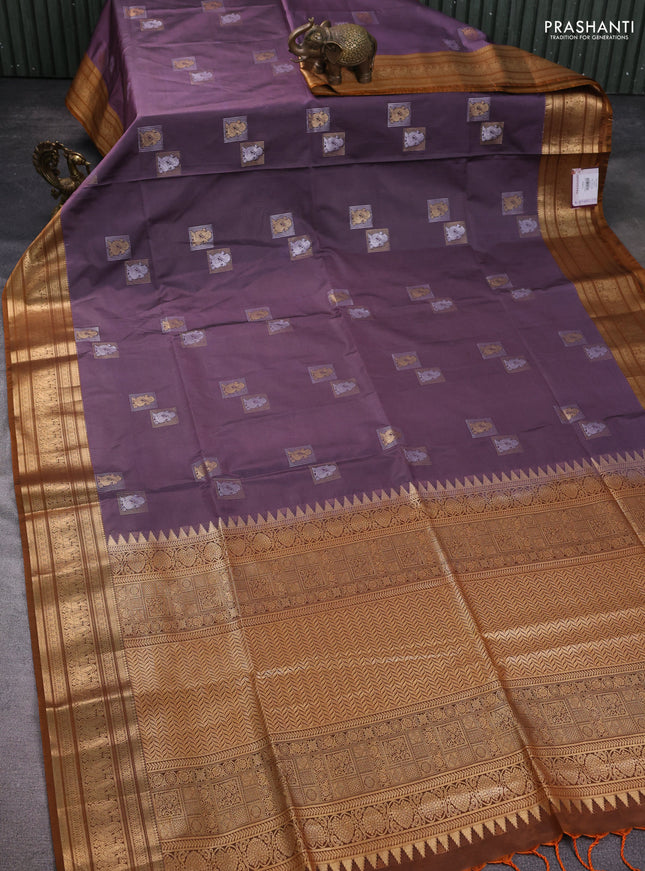 Semi soft silk saree pastel purple and dark mustard with zari woven buttas and zari woven border