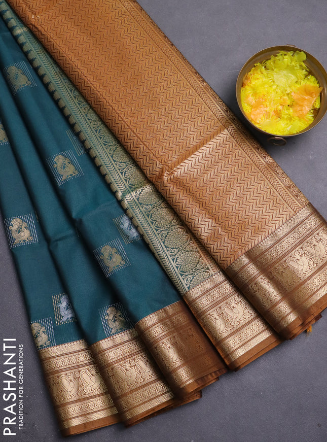 Semi soft silk saree peacock green and dark mustard with zari woven buttas and zari woven border