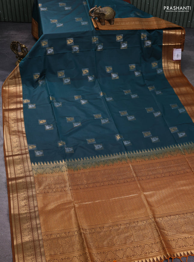 Semi soft silk saree peacock green and dark mustard with zari woven buttas and zari woven border