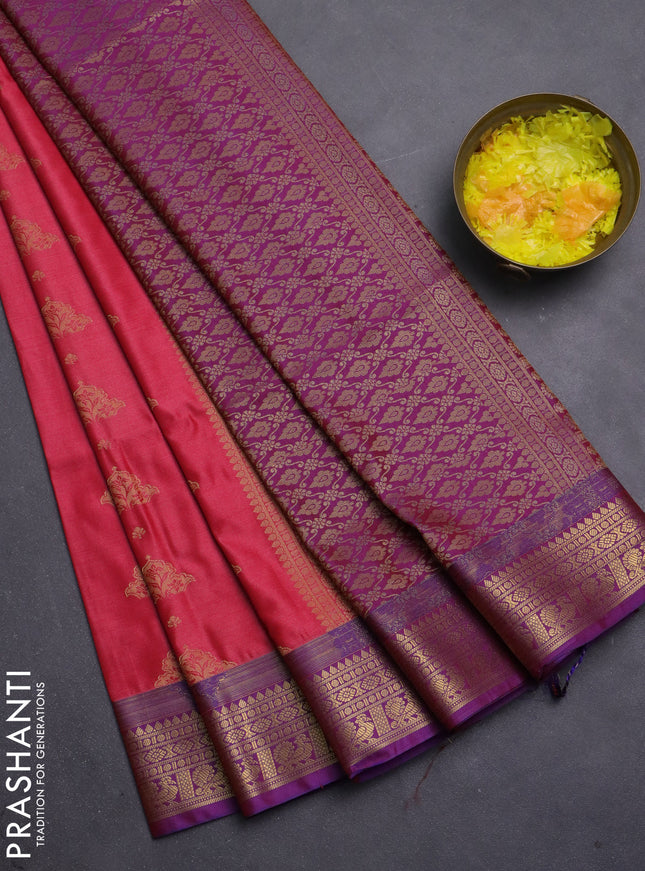 Semi soft silk saree peach shade and blue with allover zari woven buttas and zari woven korvai border