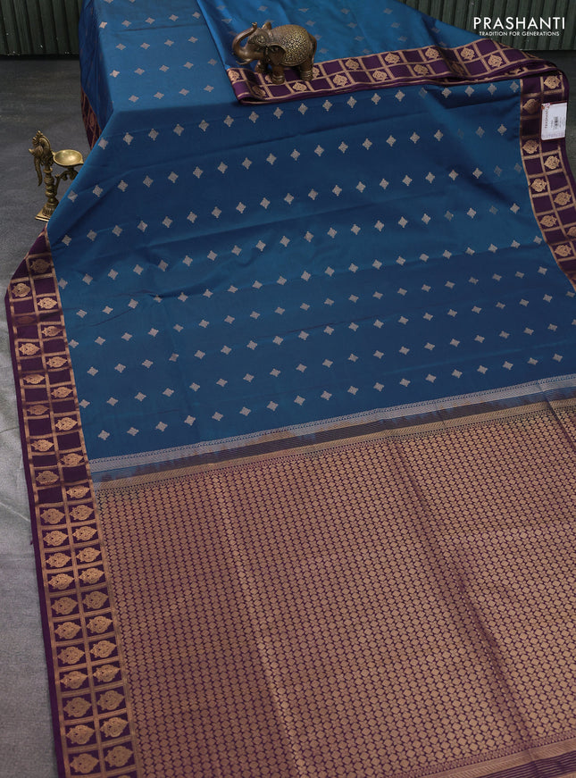 Semi soft silk saree peacock blue and deep purple with allover zari woven buttas and rettapet zari woven border