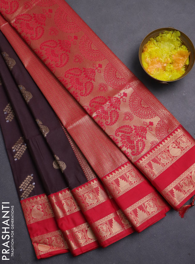 Semi soft silk saree coffee brown and red with allover zari woven buttas and rettapet zari woven border