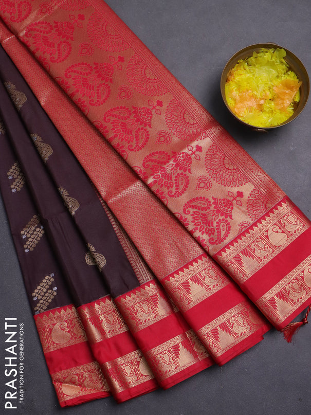 Semi soft silk saree coffee brown and red with allover zari woven buttas and rettapet zari woven border