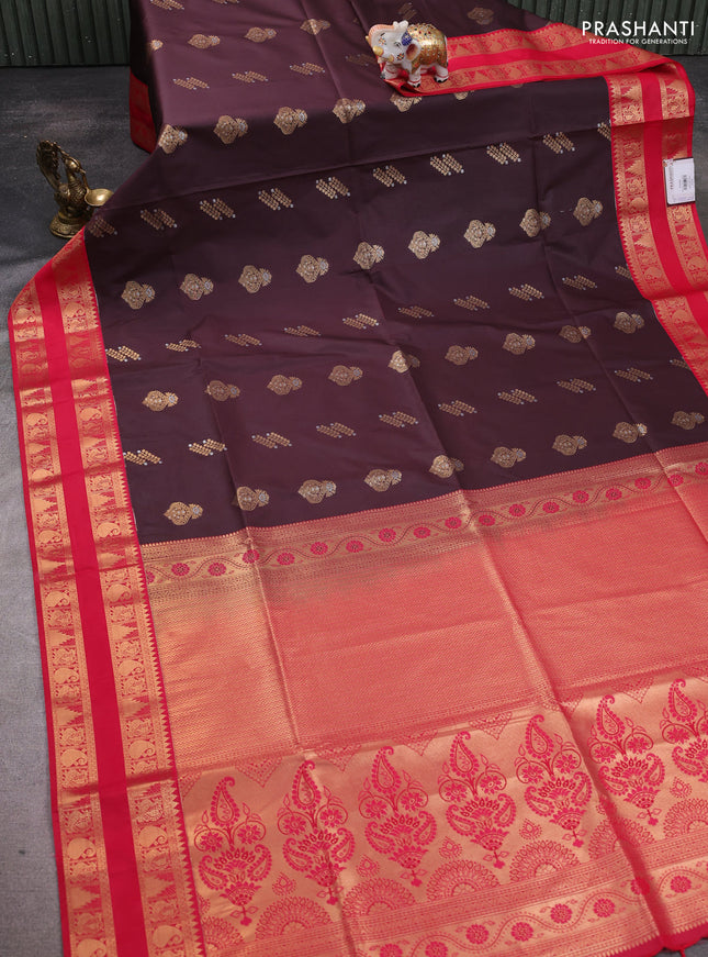 Semi soft silk saree coffee brown and red with allover zari woven buttas and rettapet zari woven border