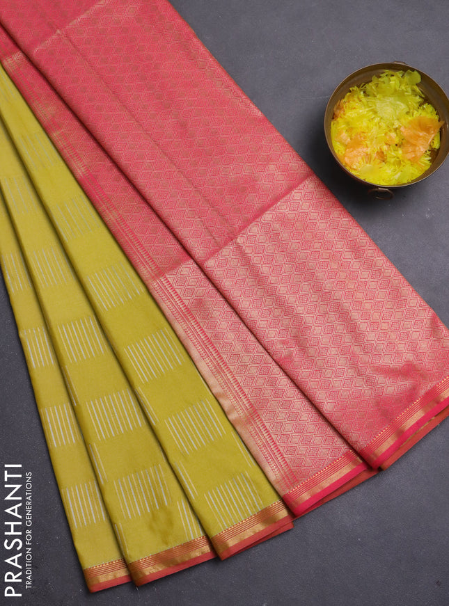 Semi soft silk saree yellow and peach pink with allover silver & gold zari woven buttas and small zari woven border