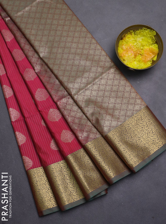 Semi soft silk saree tomato pink and teal green with allover zari weaves & buttas and zari woven border