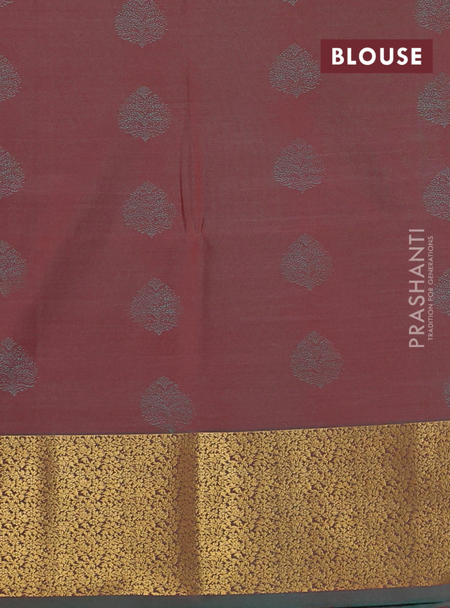 Semi soft silk saree tomato pink and teal green with allover zari weaves & buttas and zari woven border