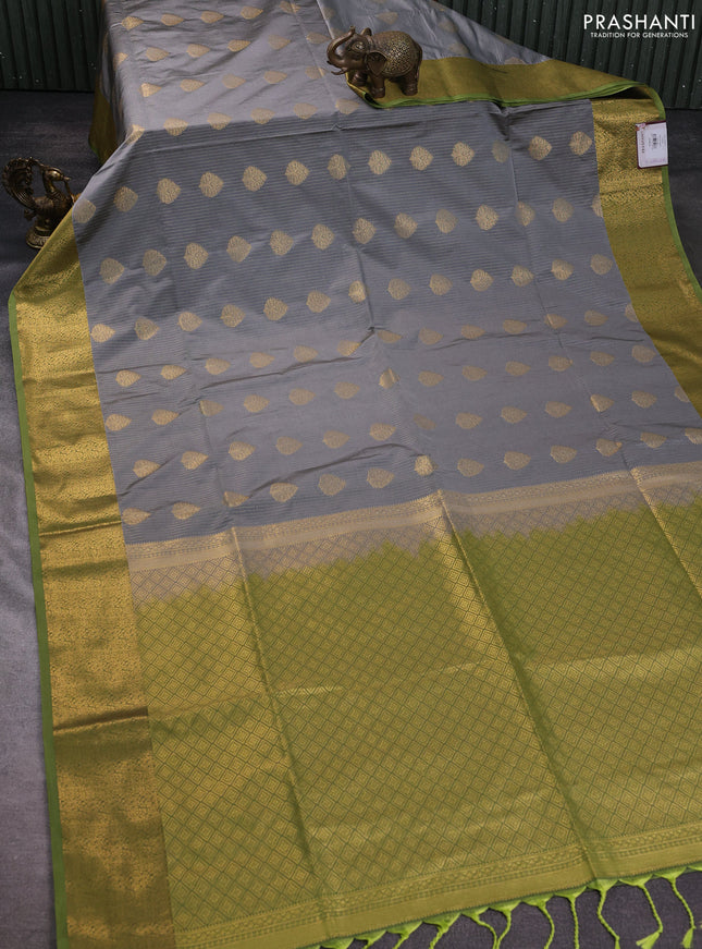 Semi soft silk saree grey and lime green with allover zari weaves & buttas and zari woven border