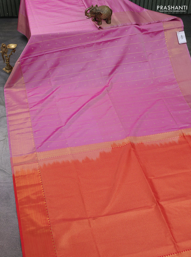 Semi soft silk saree peach pink and orange with allover zari weaves & buttas and zari woven korvai border