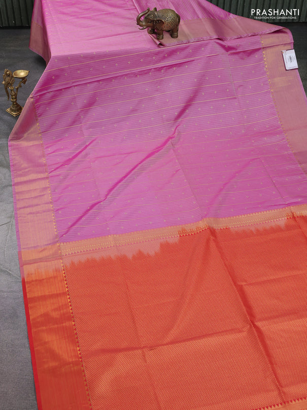 Semi soft silk saree peach pink and orange with allover zari weaves & buttas and zari woven korvai border