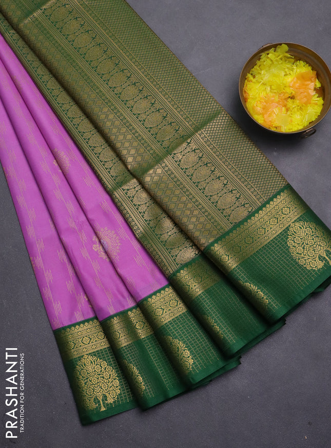 Semi soft silk saree lavender and green with allover zari woven buttas and zari woven korvai border