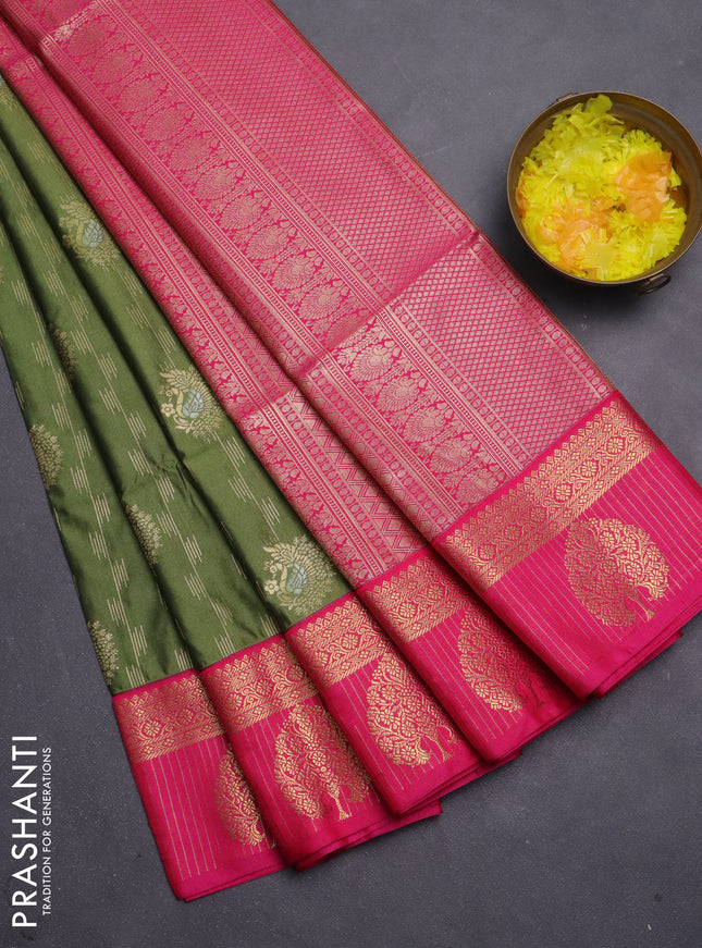 Semi soft silk saree pastel green and pink with allover zari woven buttas and zari woven korvai border