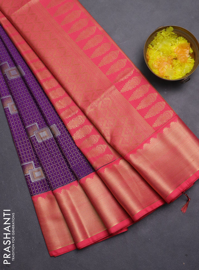 Semi soft silk saree purple and peach pink with allover zari weaves & buttas and zari woven korvai border