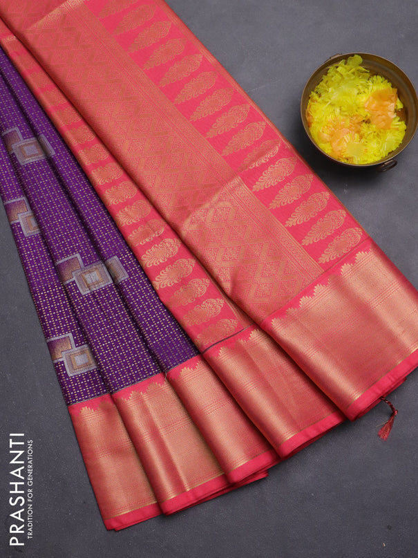 Semi soft silk saree purple and peach pink with allover zari weaves & buttas and zari woven korvai border