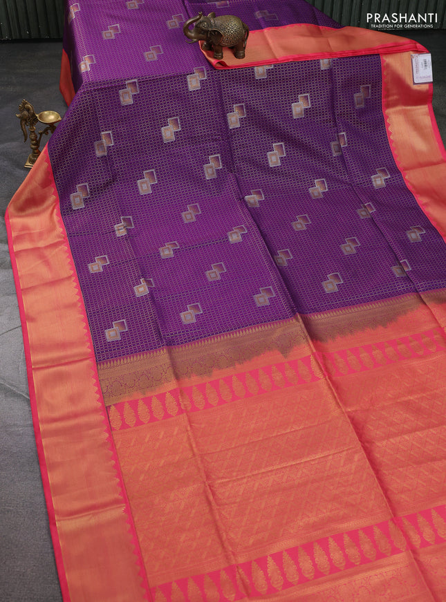 Semi soft silk saree purple and peach pink with allover zari weaves & buttas and zari woven korvai border
