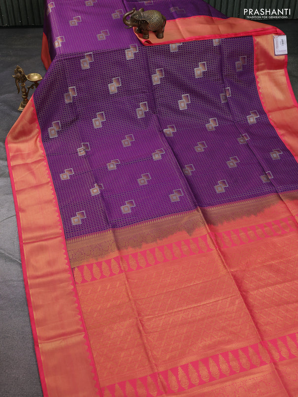 Semi soft silk saree purple and peach pink with allover zari weaves & buttas and zari woven korvai border