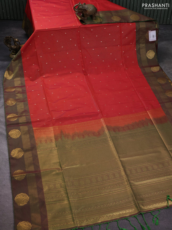 Semi soft silk saree rustic orange and green with allover zari weaves & buttas and zari woven border