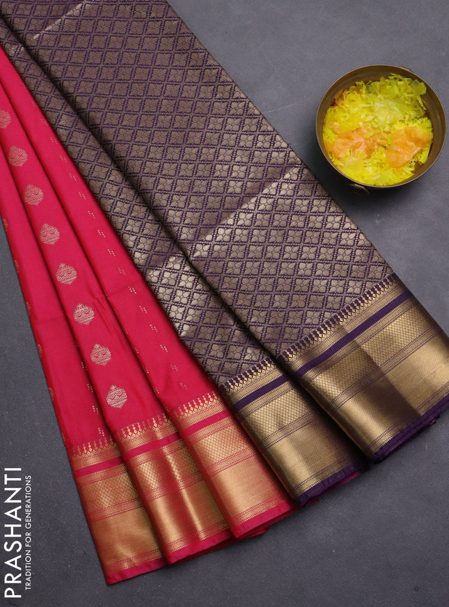 Semi soft silk saree pink and deep purple with allover zari woven buttas and zari woven korvai border
