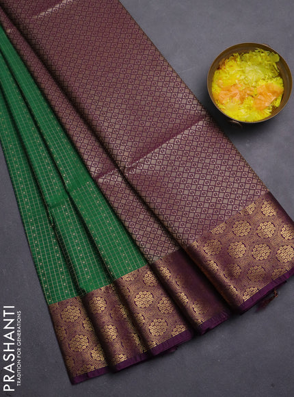 Semi soft silk saree green and purple with allover small checks & buttas and zari woven border