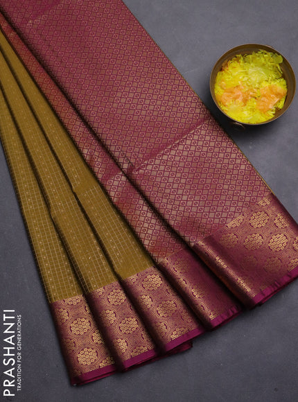 Semi soft silk saree mehendi green and dark magenta pink with allover small checks & buttas and zari woven border