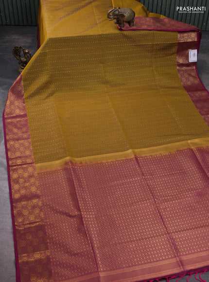 Semi soft silk saree mehendi green and dark magenta pink with allover small checks & buttas and zari woven border