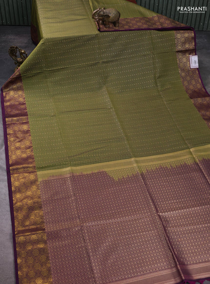 Semi soft silk saree mehendi green and purple with allover small checks & buttas and zari woven border
