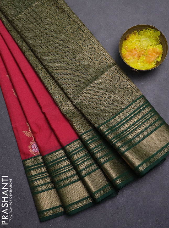 Semi soft silk saree pink and bottle green with zari woven buttas and zari woven korvai border