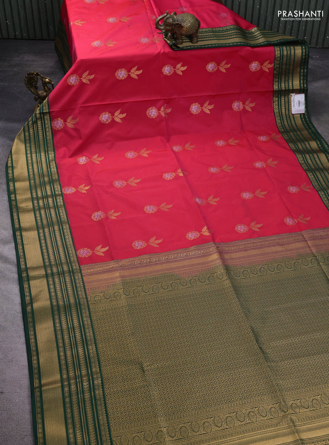 Semi soft silk saree pink and bottle green with zari woven buttas and zari woven korvai border