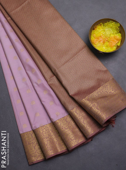 Semi soft silk saree mild lavender and pastel maroon with allover zari woven buttas and zari woven border