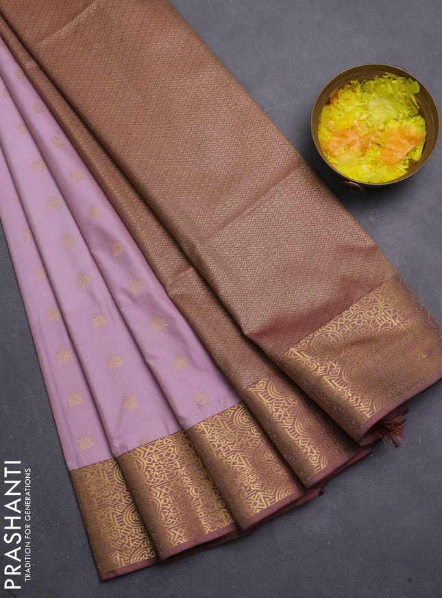 Semi soft silk saree mild lavender and pastel maroon with allover zari woven buttas and zari woven border