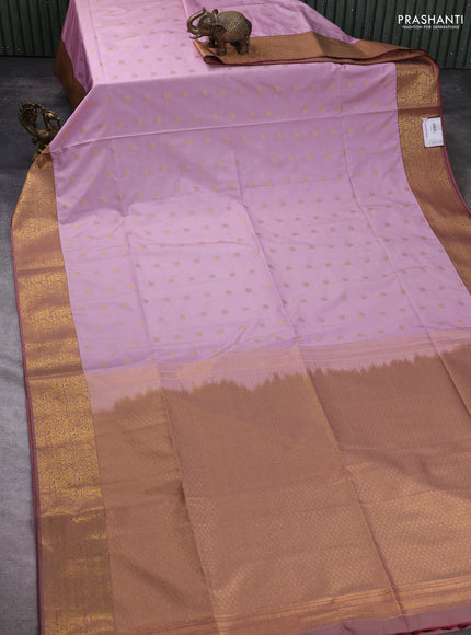 Semi soft silk saree mild lavender and pastel maroon with allover zari woven buttas and zari woven border