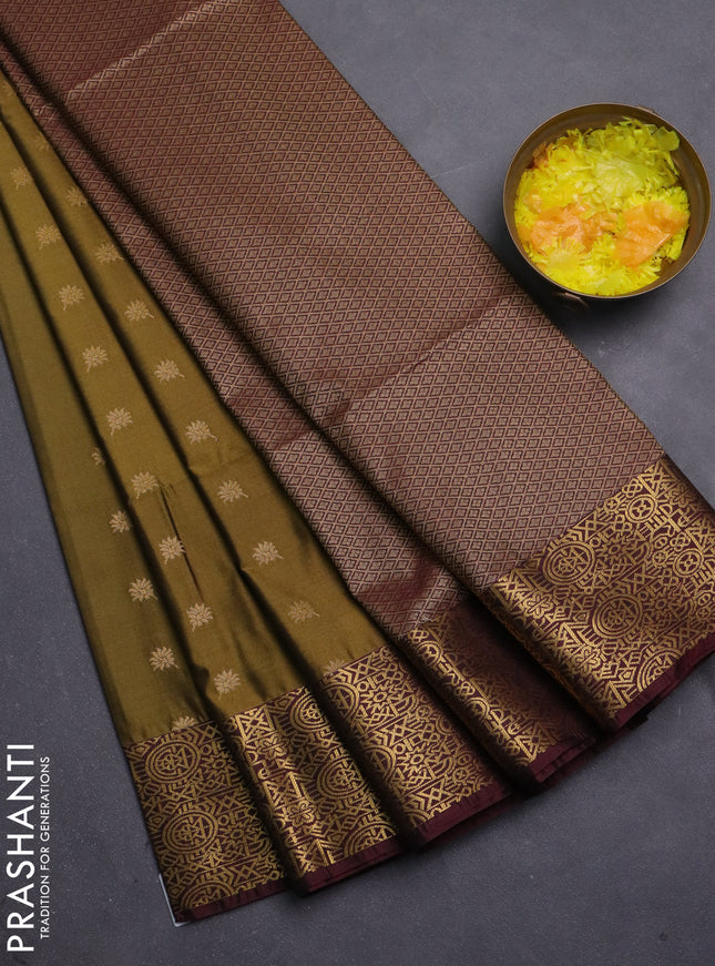 Semi soft silk saree mehendi green and deep maroon with allover zari woven buttas and zari woven border
