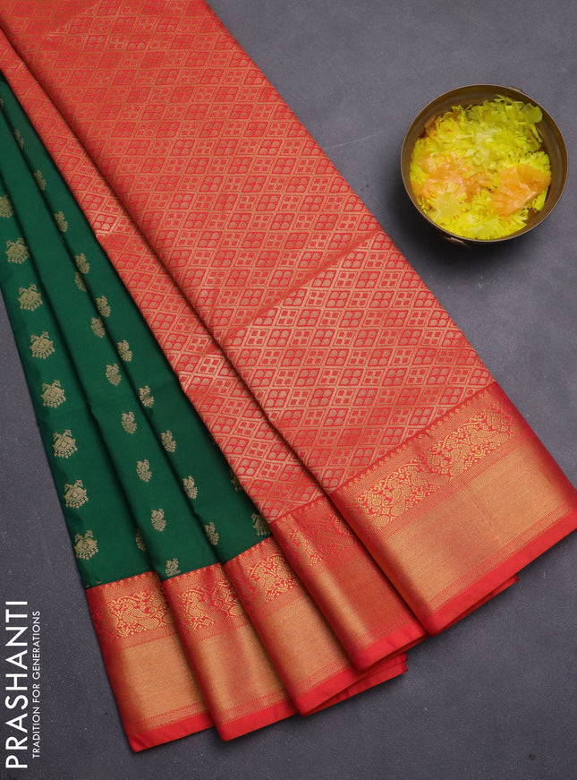 Semi soft silk saree green and orange with allover zari woven buttas and zari woven border