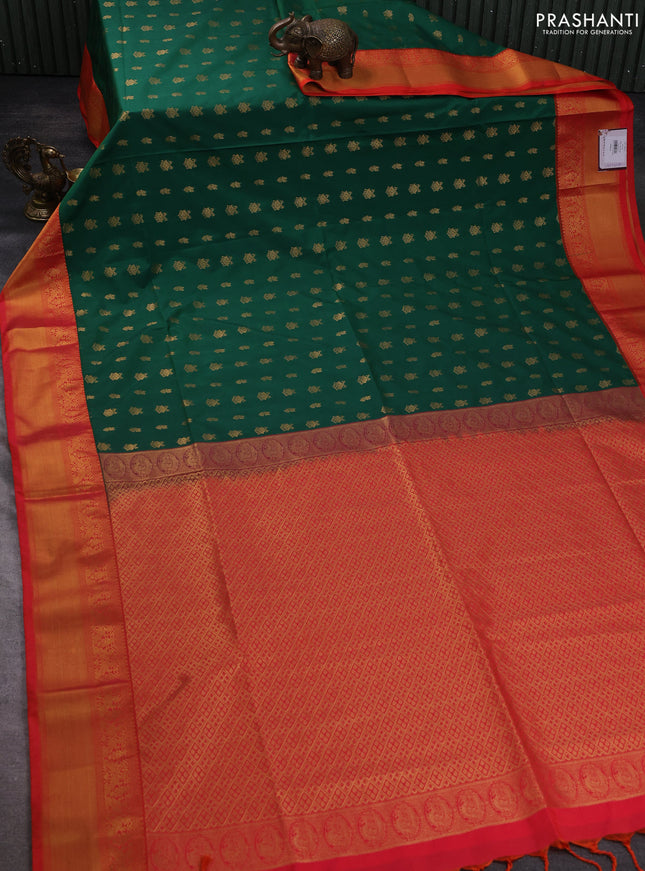 Semi soft silk saree green and orange with allover zari woven buttas and zari woven border