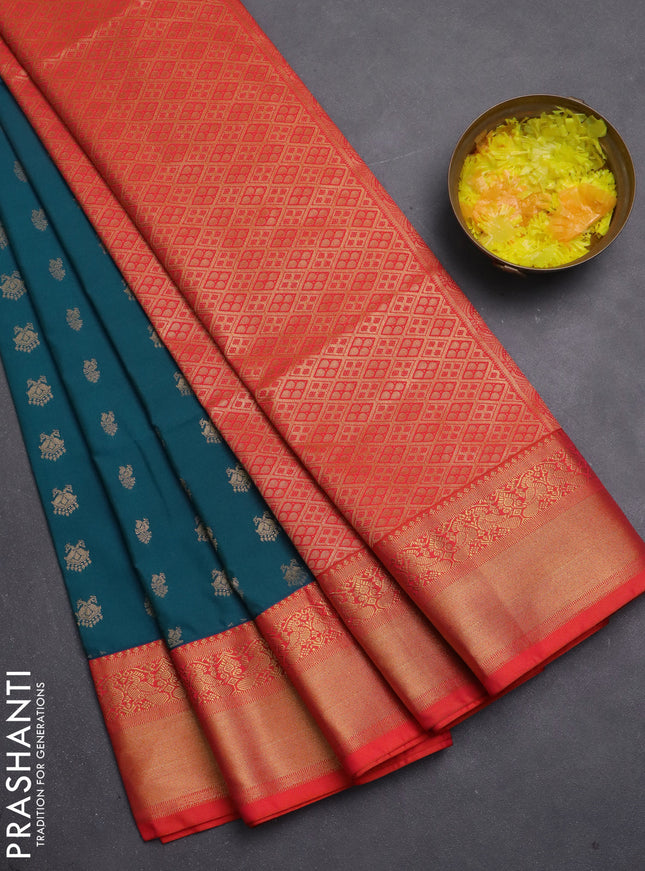 Semi soft silk saree peacock green and orange with allover zari woven buttas and zari woven border