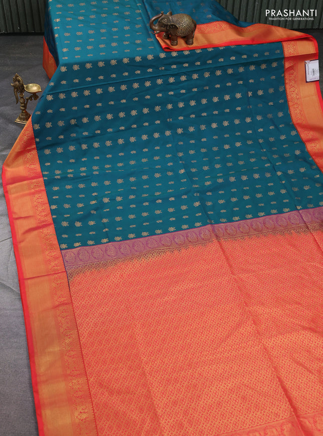 Semi soft silk saree peacock green and orange with allover zari woven buttas and zari woven border