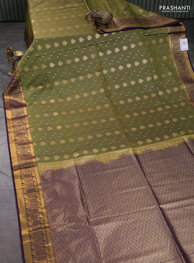 Semi soft silk saree mehendi green and deep purple with allover zari woven buttas and zari woven border