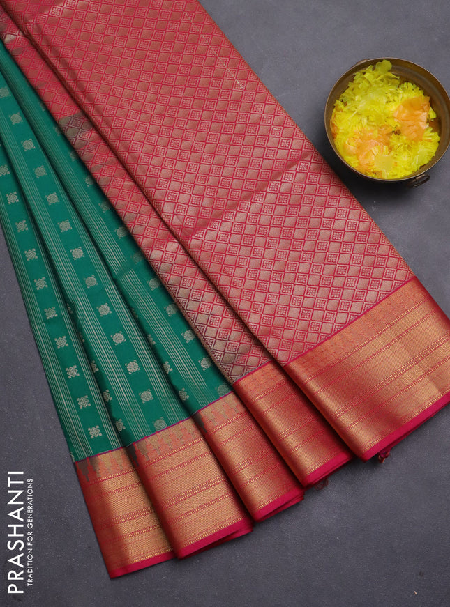 Semi soft silk saree teal green and pink with allover zari weaves & buttas and zari woven border