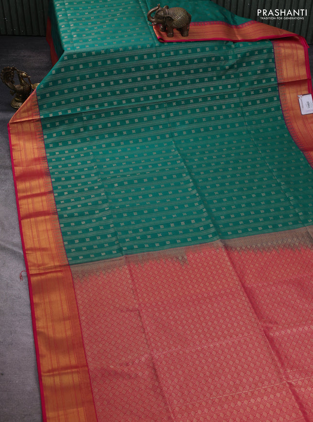 Semi soft silk saree teal green and pink with allover zari weaves & buttas and zari woven border